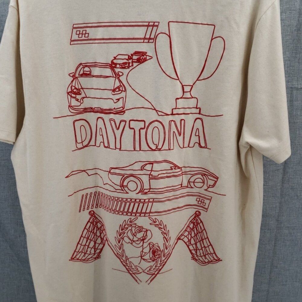 Vox Populi For The People DAYTONA Red Scribble Graphic Size Large Beige T Shirt